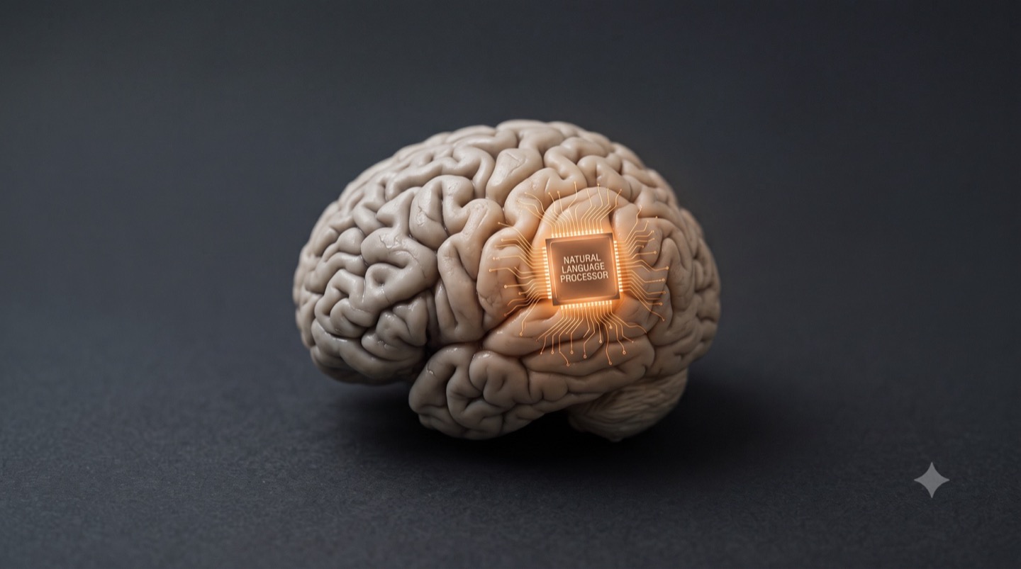 A silicon chip labeled Natural Language Processor embedded in a human brain